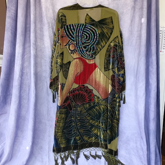 Chico's Other - Chico's Vintage Olive Silk Velvet Burnout Tassel Beaded Kimono